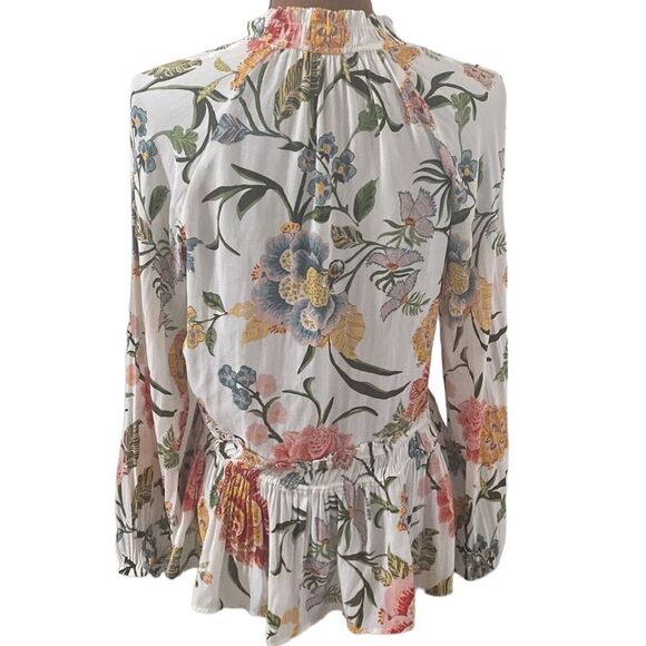 Loft floral high smocked neckline ruffled peplum blouse with front tie size S - Picture 2 of 12